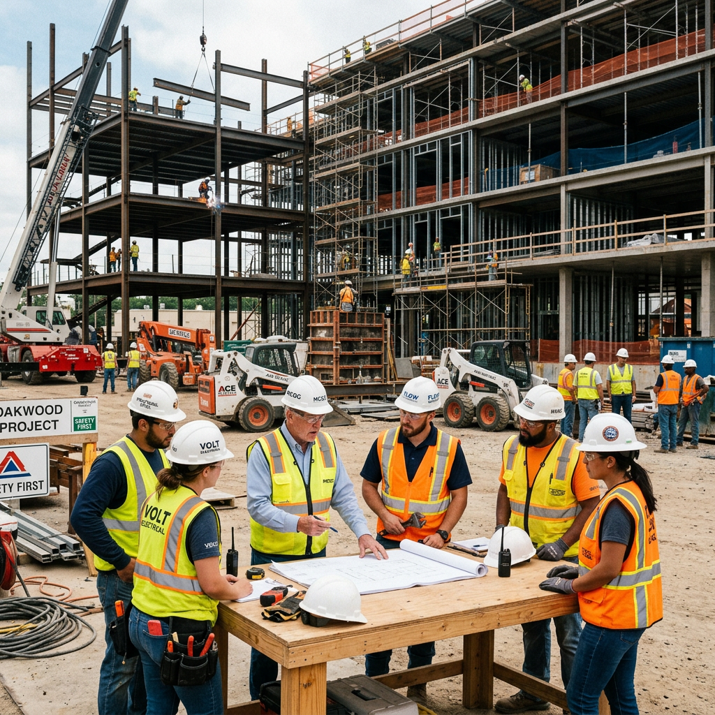 Construction crew reviewing blueprints beside a steel-frame building