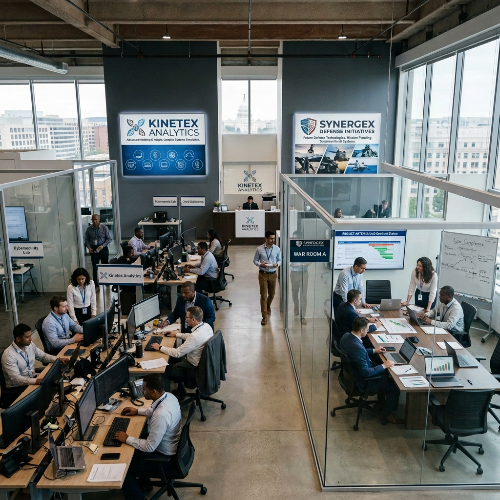 Employees collaborating in a technology operations center with glass offices