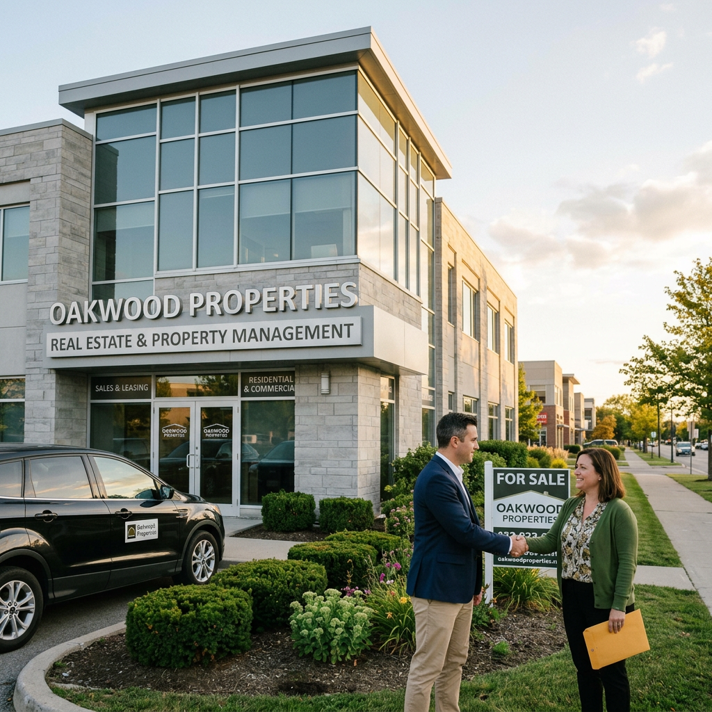 Oakwood Properties office with signs reading “REAL ESTATE & PROPERTY MANAGEMENT,” “SALES & LEASING,” “RESIDENTIAL & COMMERCIAL,” and “FOR SALE”; two representatives shake hands outside.