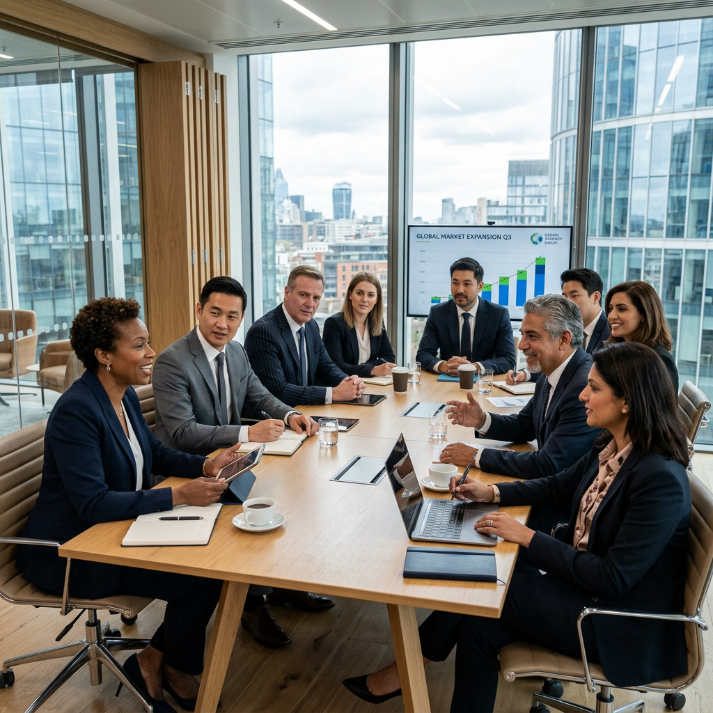 Diverse business team discussing strategy around a conference table